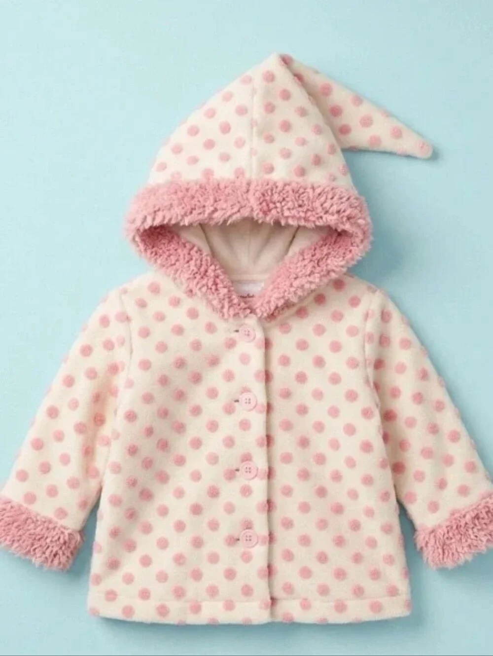 Hanna Andersson Vintage Pink Polka Dot Gnome Pixie Hood Fleece Jacket Size 70